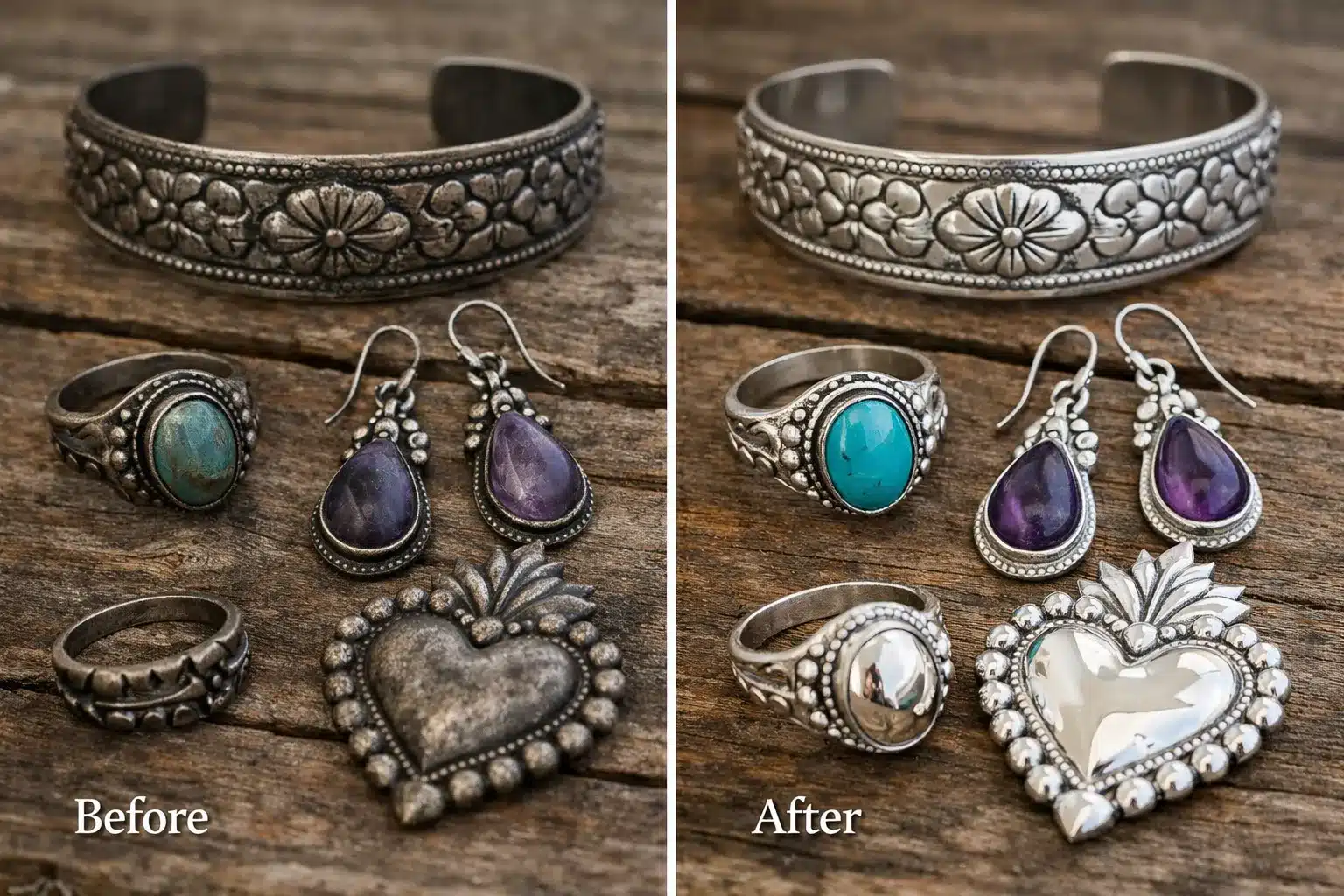 Handmade Mexican Artisan Jewelry Before and after cleaning handmade Mexican silver jewelry showing proper care maintenance results risultato
