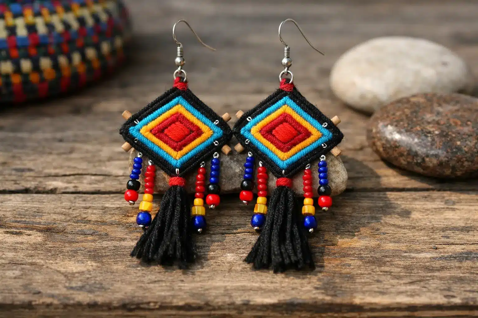 Handmade Mexican Artisan Jewelry Handmade Mexican Ojos de Dios Gods Eyes earrings with traditional Huichol cultural symbolism risultato