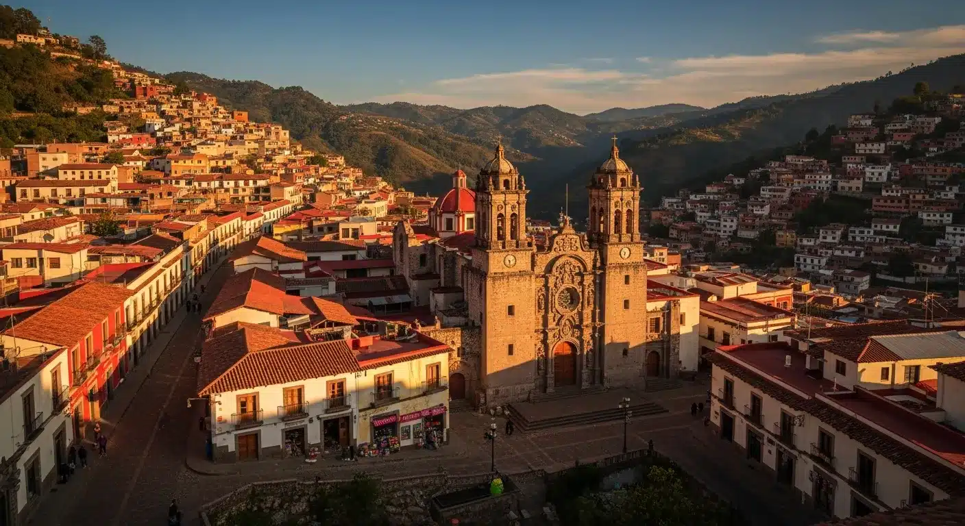 Handmade Mexican Artisan Jewelry Historic Taxco Mexico silver capital cityscape with Santa Prisca Cathedral colonial architecture risultato