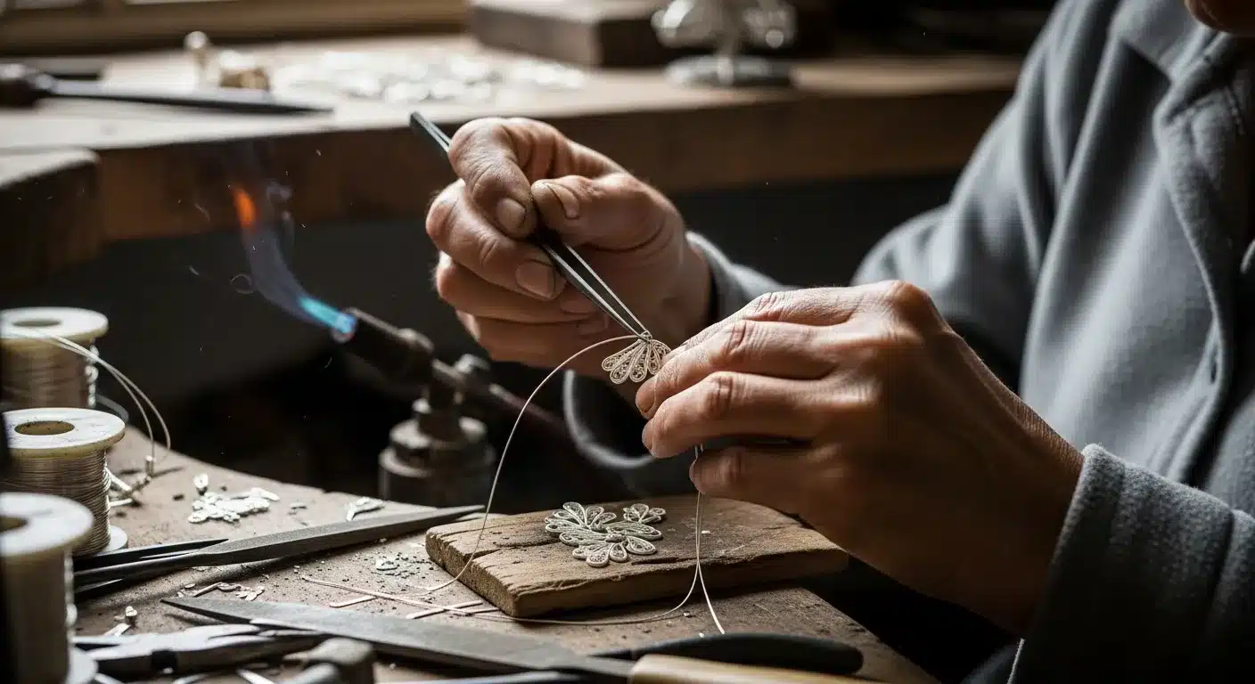 Handmade Mexican Artisan Jewelry Mexican artisan hands crafting handmade silver filigree jewelry in traditional Taxco workshop risultato