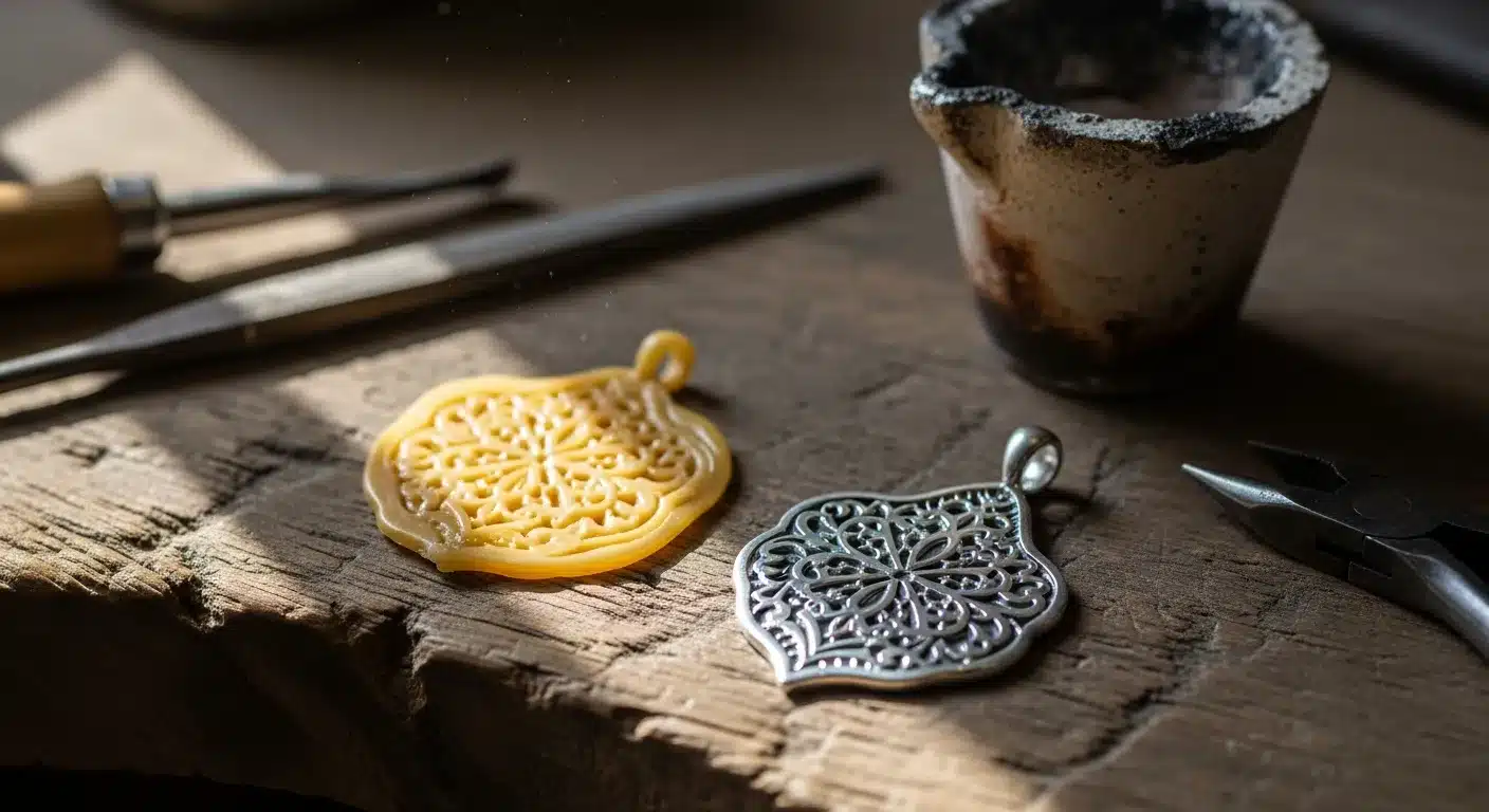 Handmade Mexican Artisan Jewelry Traditional Mexican lost wax casting technique showing wax model and handmade silver jewelry result risultato