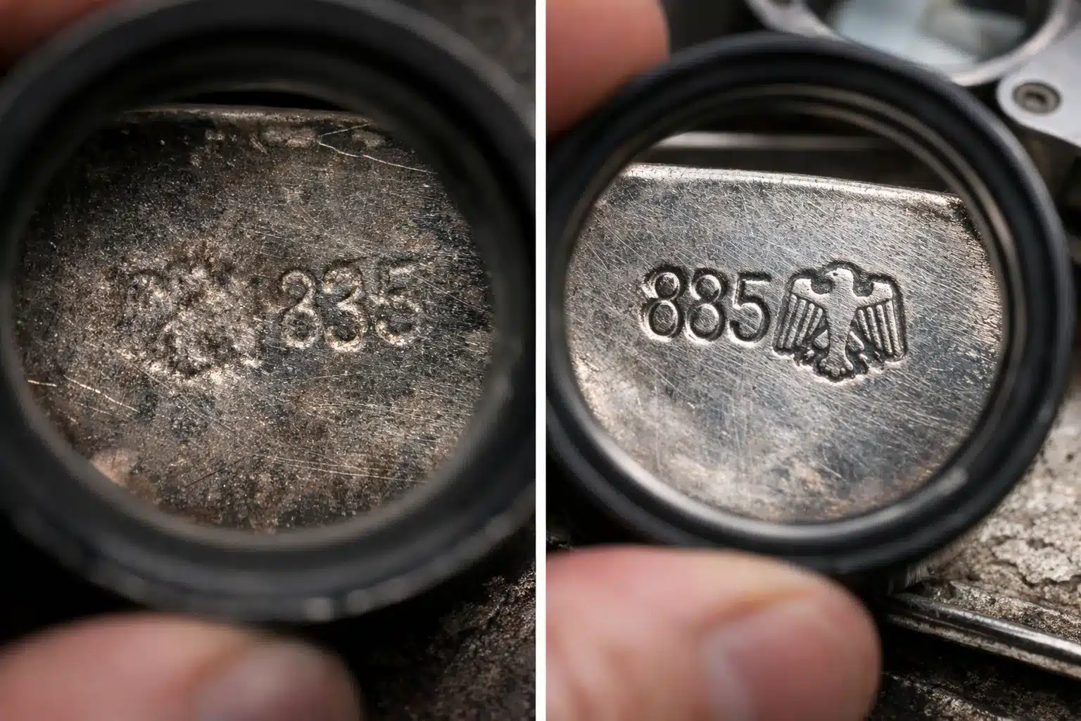 Comparison of worn German hallmark versus clear stamp showing importance of proper lighting and magnification risultato