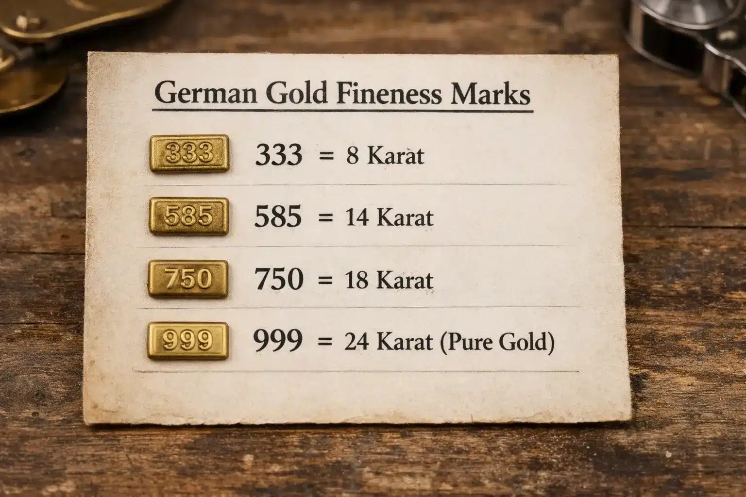 Complete German gold fineness marks chart showing 333 585 750 and 999 stamps with karat conversions risultato