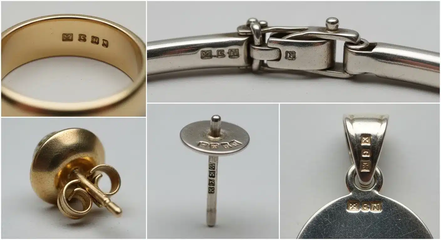 Diagram or photo series showing common hallmark locations ring interior bracelet clasp earring posts pendant bail risultato