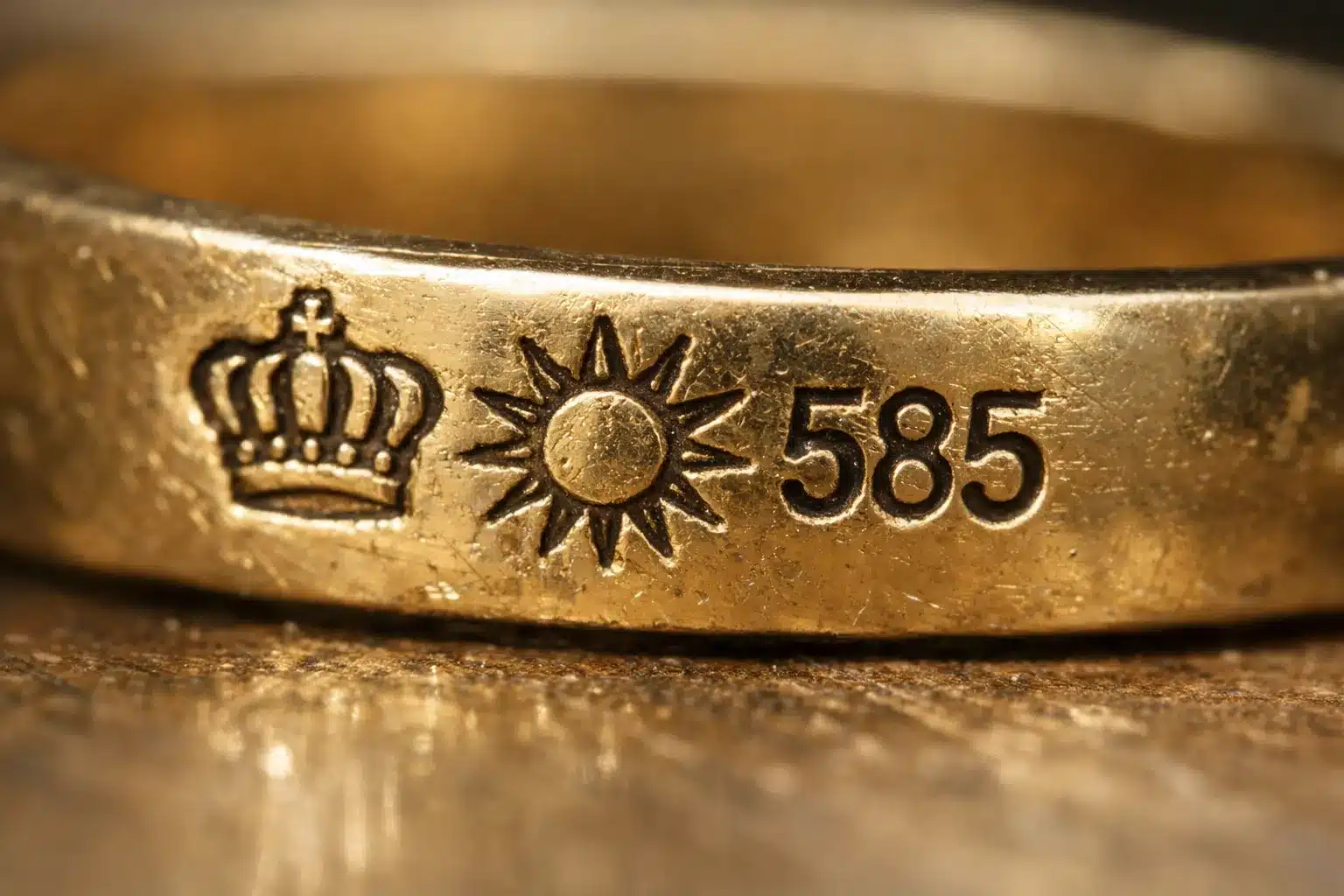 German crown and sun hallmark with 585 fineness mark on gold jewelry showing official quality stamp risultato