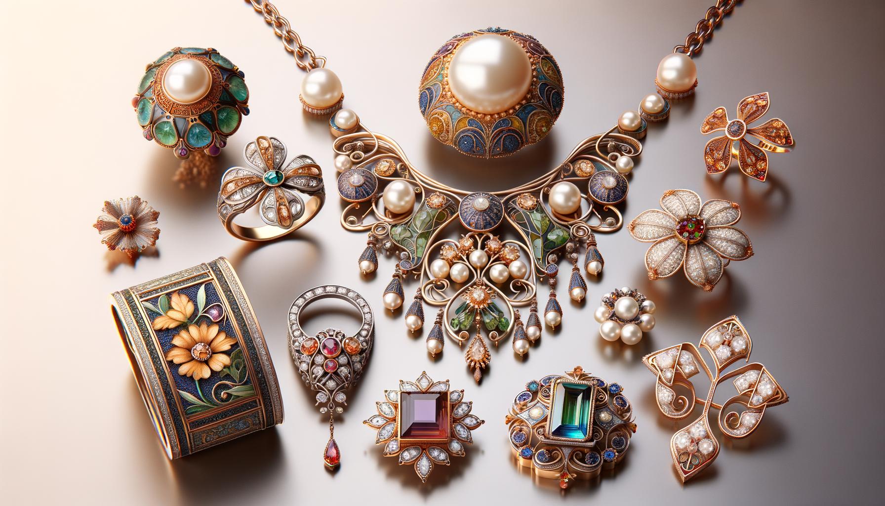 Assortment of jewelry design styles featuring vintage, modern, and minimalist pieces displayed on a velvet background