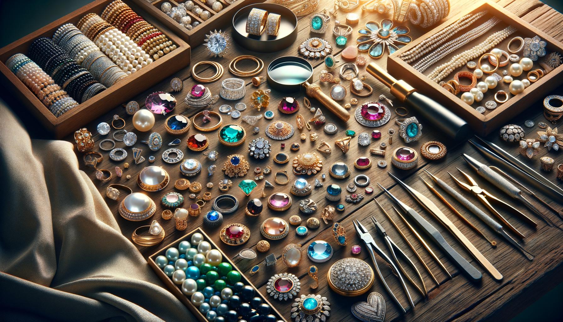Jewelry materials including gold, silver, and gemstones displayed in a neat arrangement on a velvet cloth