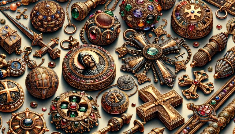 Symbols of faith and power, showcasing intricate designs with gemstones and religious motifs