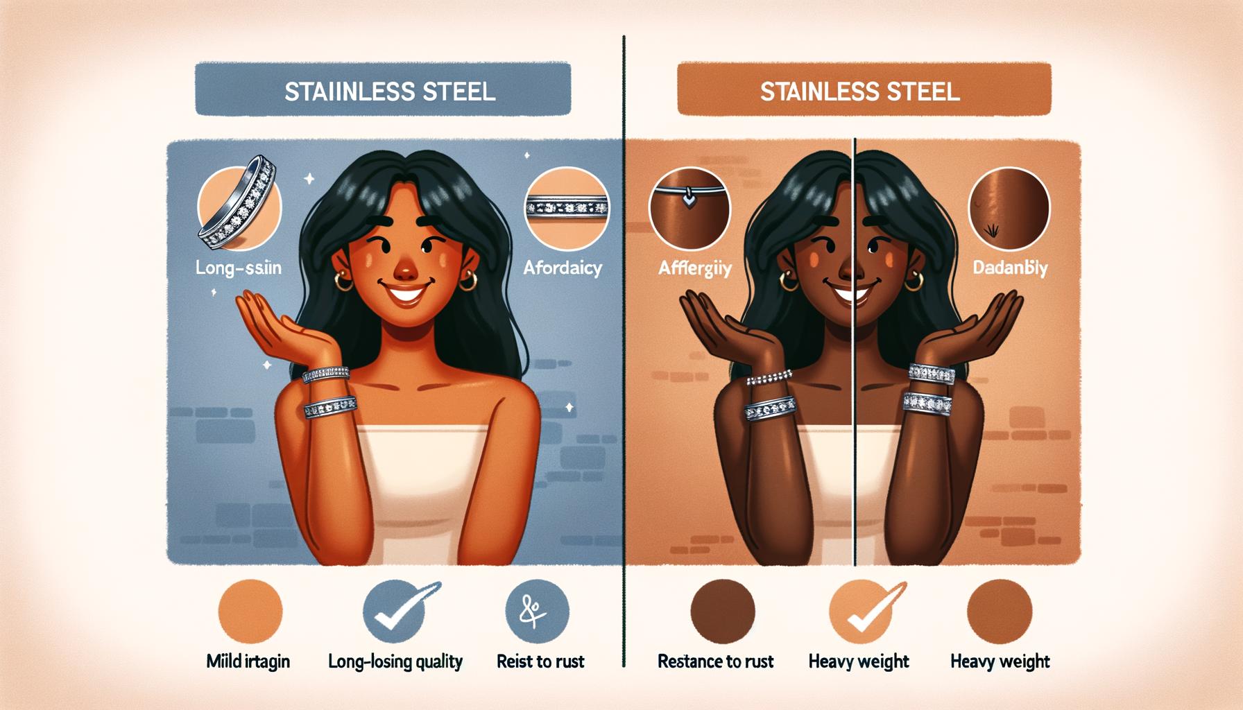 Image depicting the benefits and drawbacks of stainless steel jewelry, including durability and potential for skin irritation