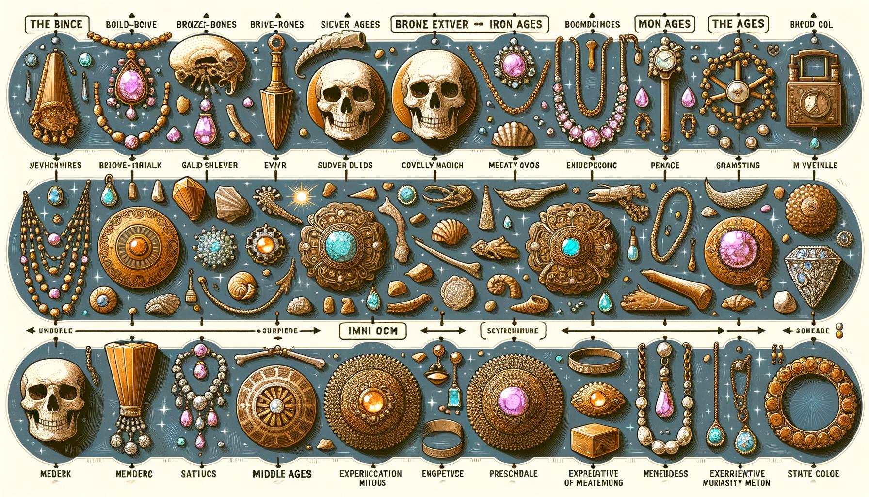 The History and Evolution of Jewelry Materials 1 An illustration depicting the history and evolution of jewelry materials, highlighting key changes over centuries