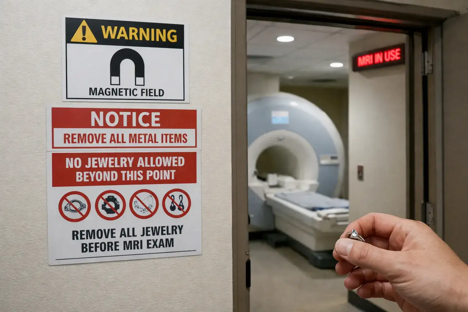 MRI scanner room entrance showing warning signage about removing all metallic jewelry before magnetic resonance imaging_risultato