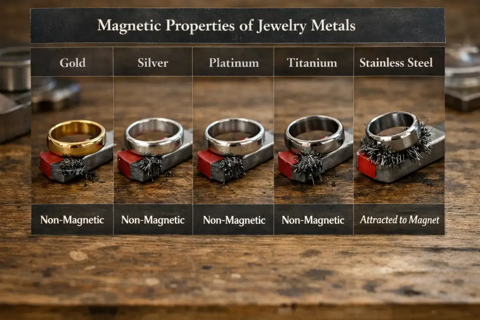 Visual comparison table showing magnetic properties of gold, silver, platinum, titanium, and stainless steel jewelry metals_risultato