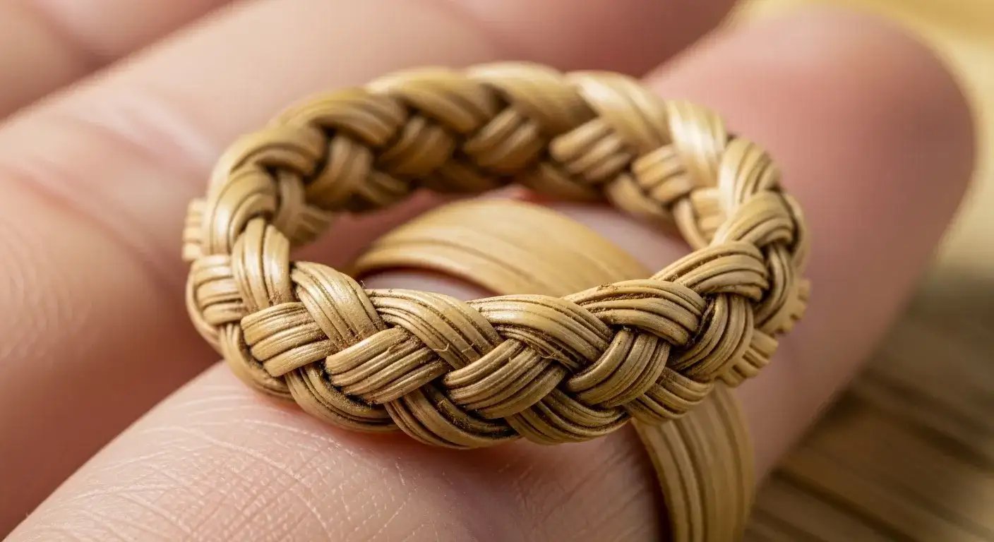 Ancient Egyptian wedding ring made from woven reeds dating back to 3000 BCE showing circular eternal love symbolism_risultato