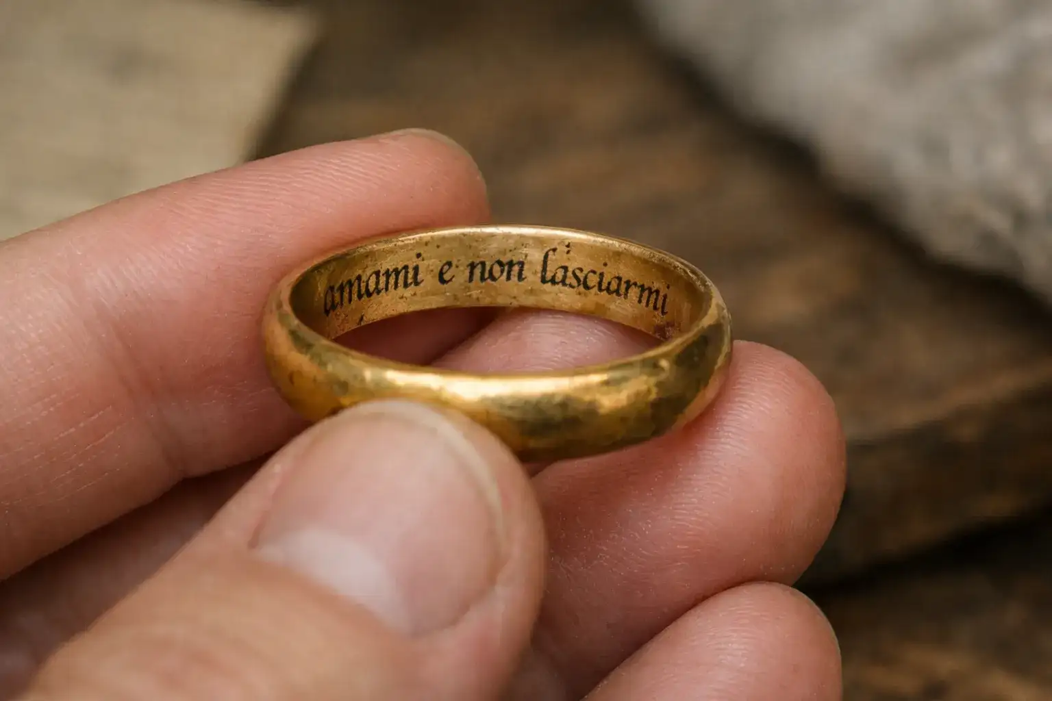 Medieval posy wedding ring with romantic inscription 'Love me and leave me not' engraved inside 15th century gold band_risultato