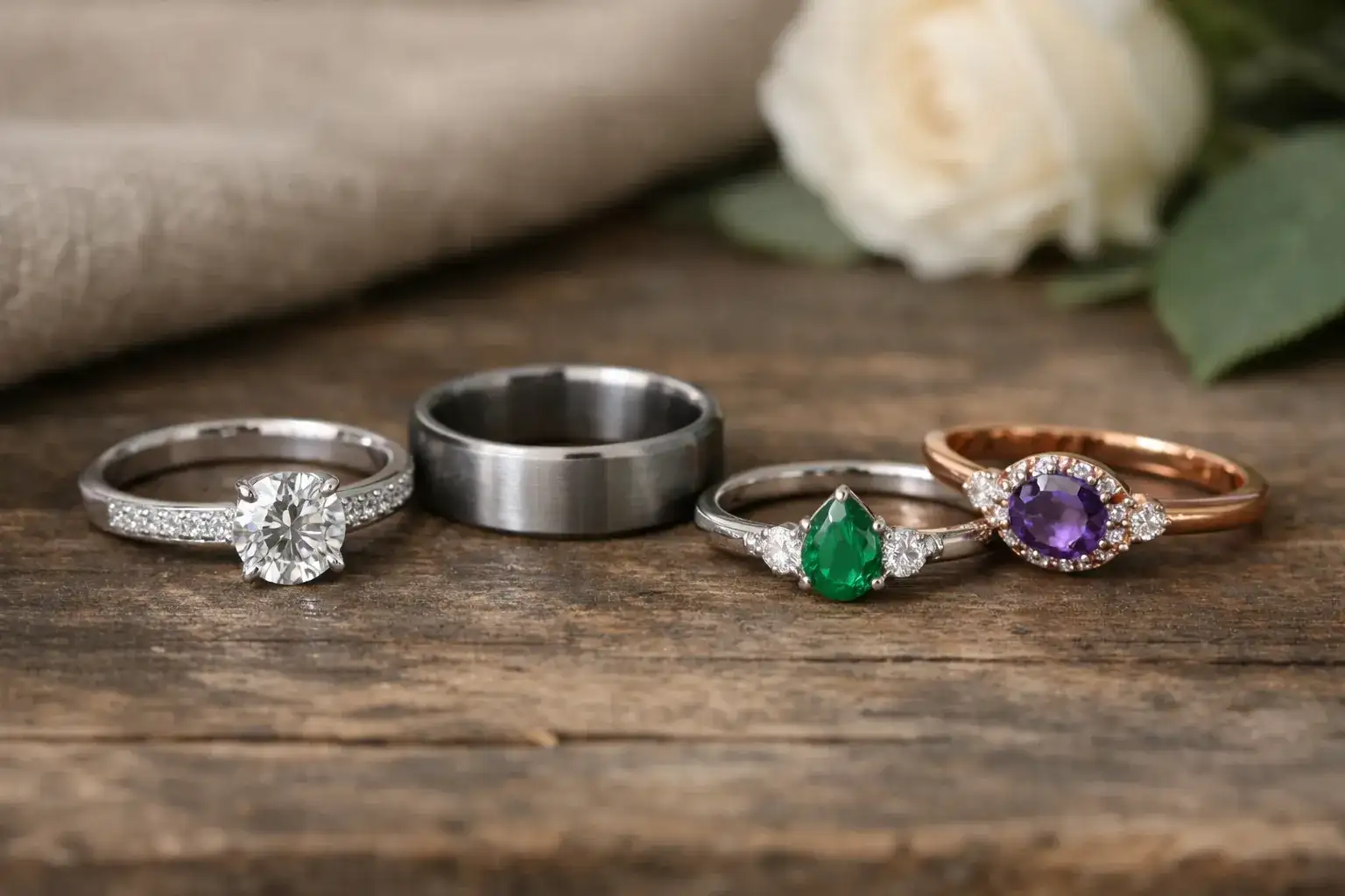 Modern wedding rings collection showing diverse materials including platinum, titanium, lab-grown diamonds, and ethical gemstones_risultato