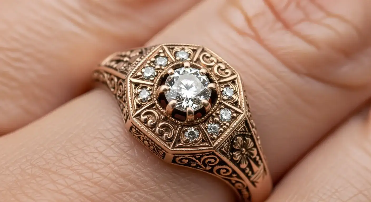 Victorian era diamond wedding ring with rose gold setting and ornate romantic engravings from 1880s risultato