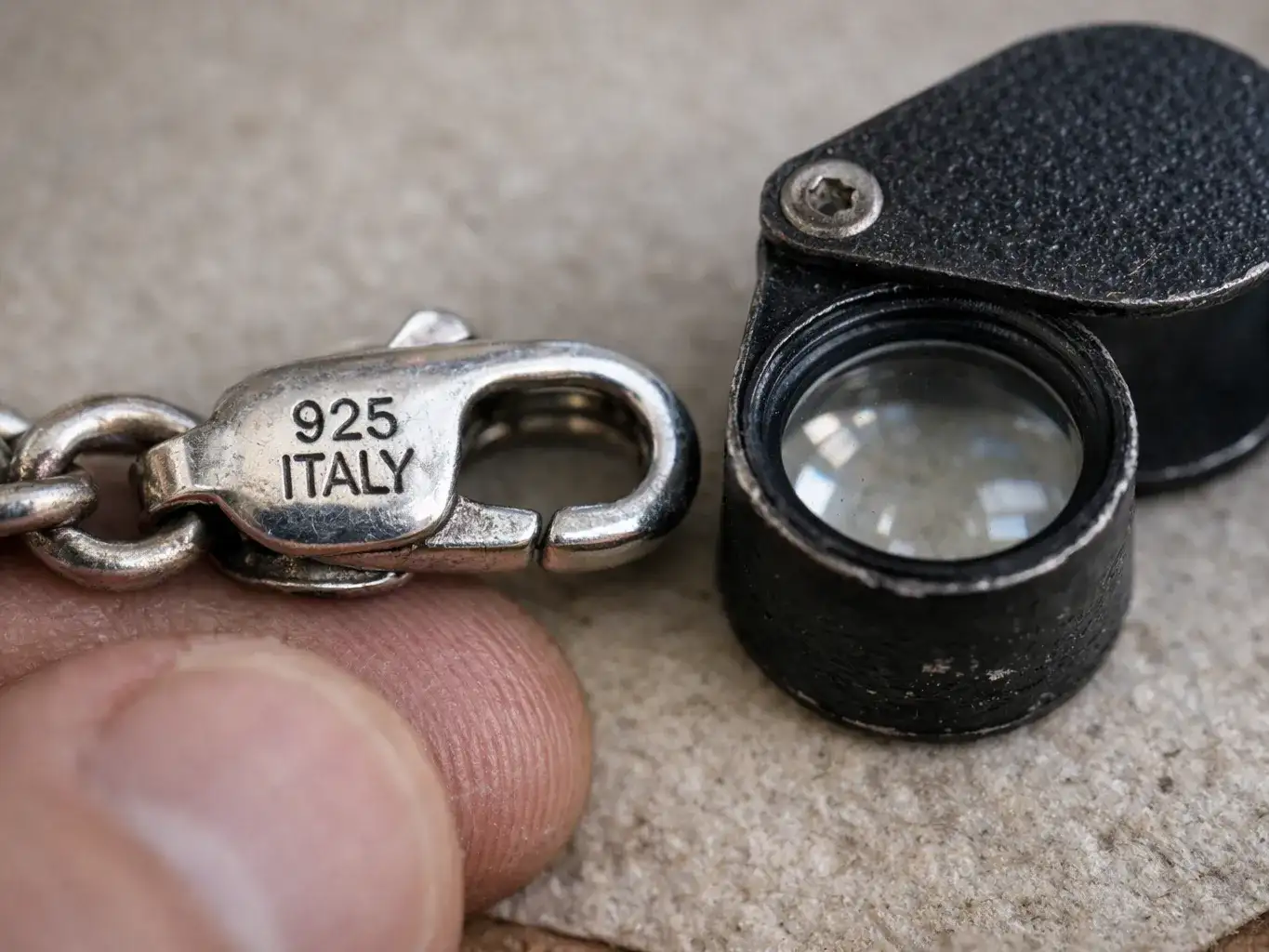 What Does 923 Italy Mean On Jewelry Close-up view of 925 Italy hallmark stamp on sterling silver jewelry clasp with jeweler's loupe for authentication_risultato