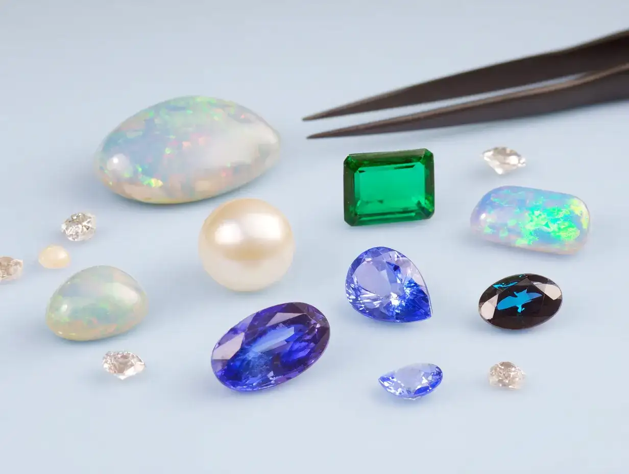 Collection of heat-sensitive gemstones including opal, emerald, pearl, and tanzanite that require special care during jewelry repair_risultato