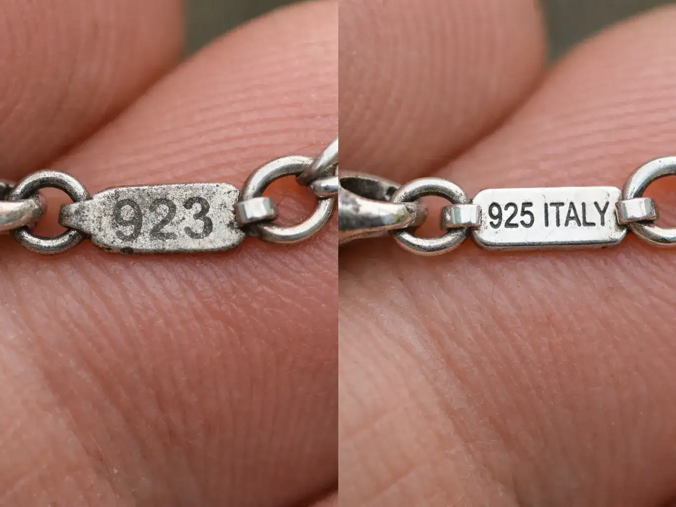 What Does 923 Italy Mean On Jewelry Comparison of worn 923 jewelry stamp and clear 925 Italy sterling silver hallmark showing common misread issue_risultato