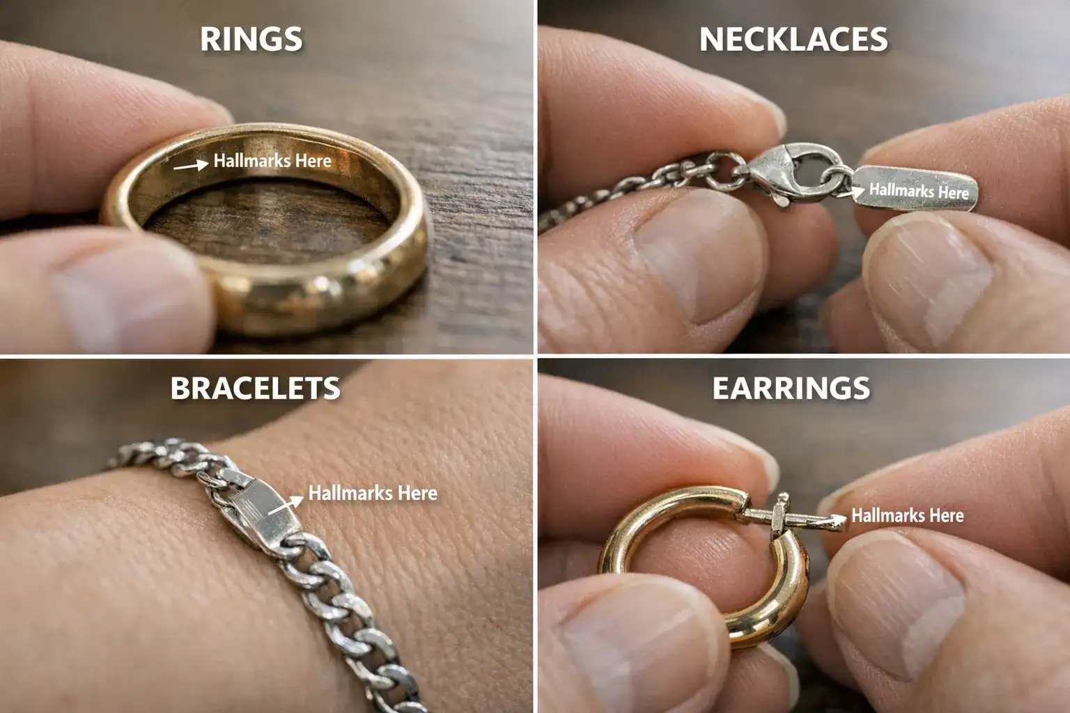 What Does 525 On Jewelry Mean Diagram showing where to find hallmarks on rings, necklaces, bracelets, and earrings_risultato