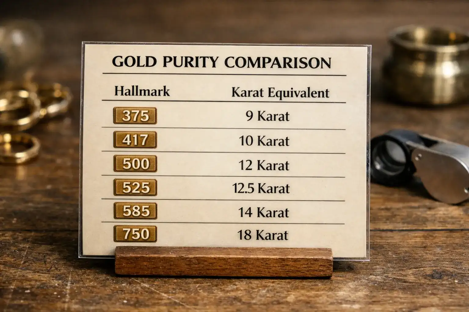 What Does 525 On Jewelry Mean Gold purity comparison chart showing 375, 417, 500, 525, 585, 750 hallmarks with karat equivalents_risultato