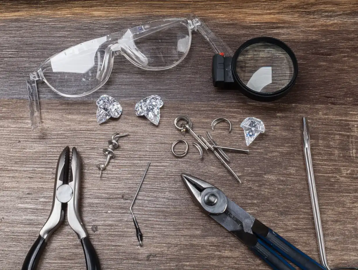 Professional gemstone removal tools including prong lifter, jewelers loupe, pliers, and safety glasses arranged on work surface_risultato