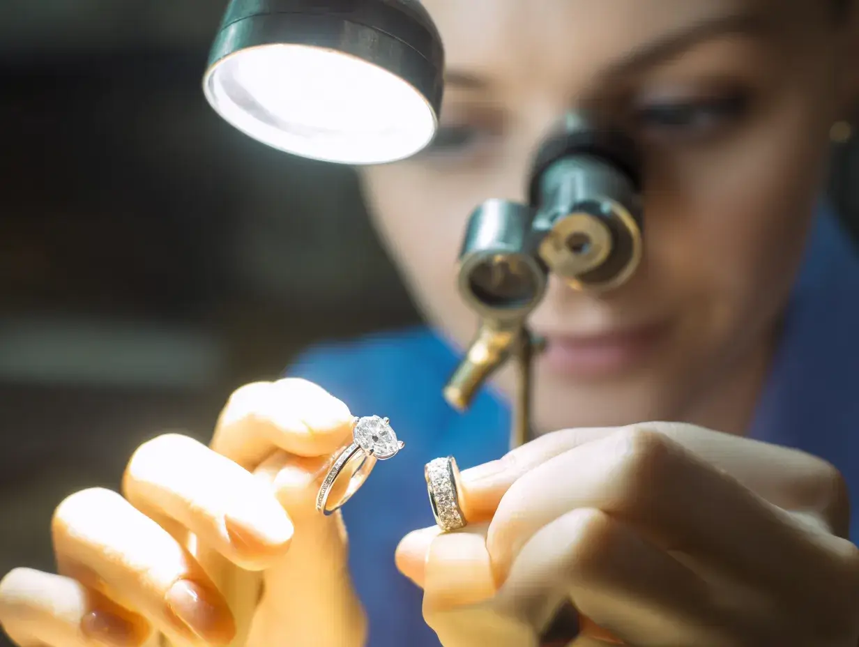 Quality control inspector examining diamond jewelry with jeweler's loupe