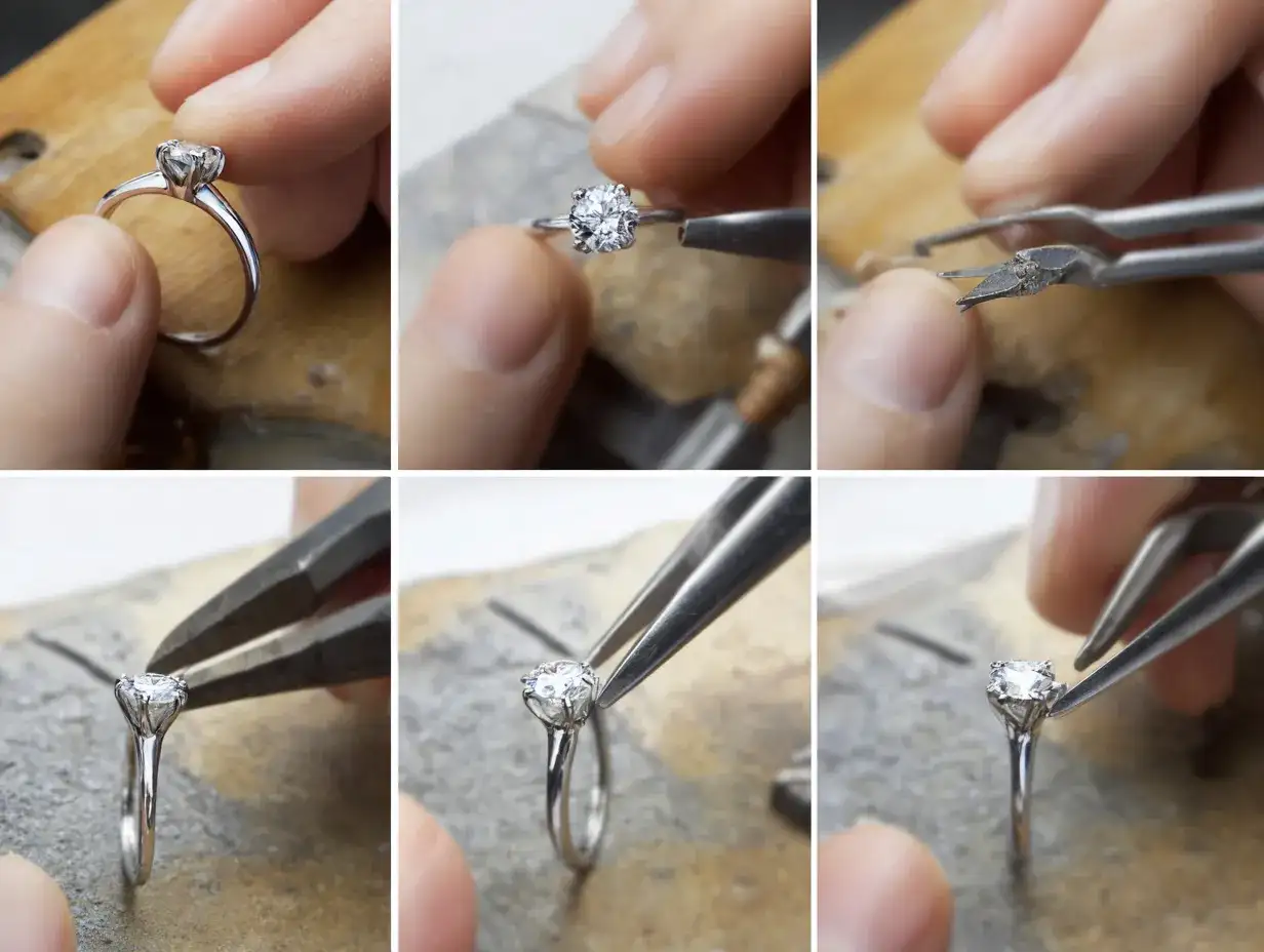 Step-by-step visual guide showing proper technique for safely removing prong-set gemstone from ring using prong lifter tool_risultato