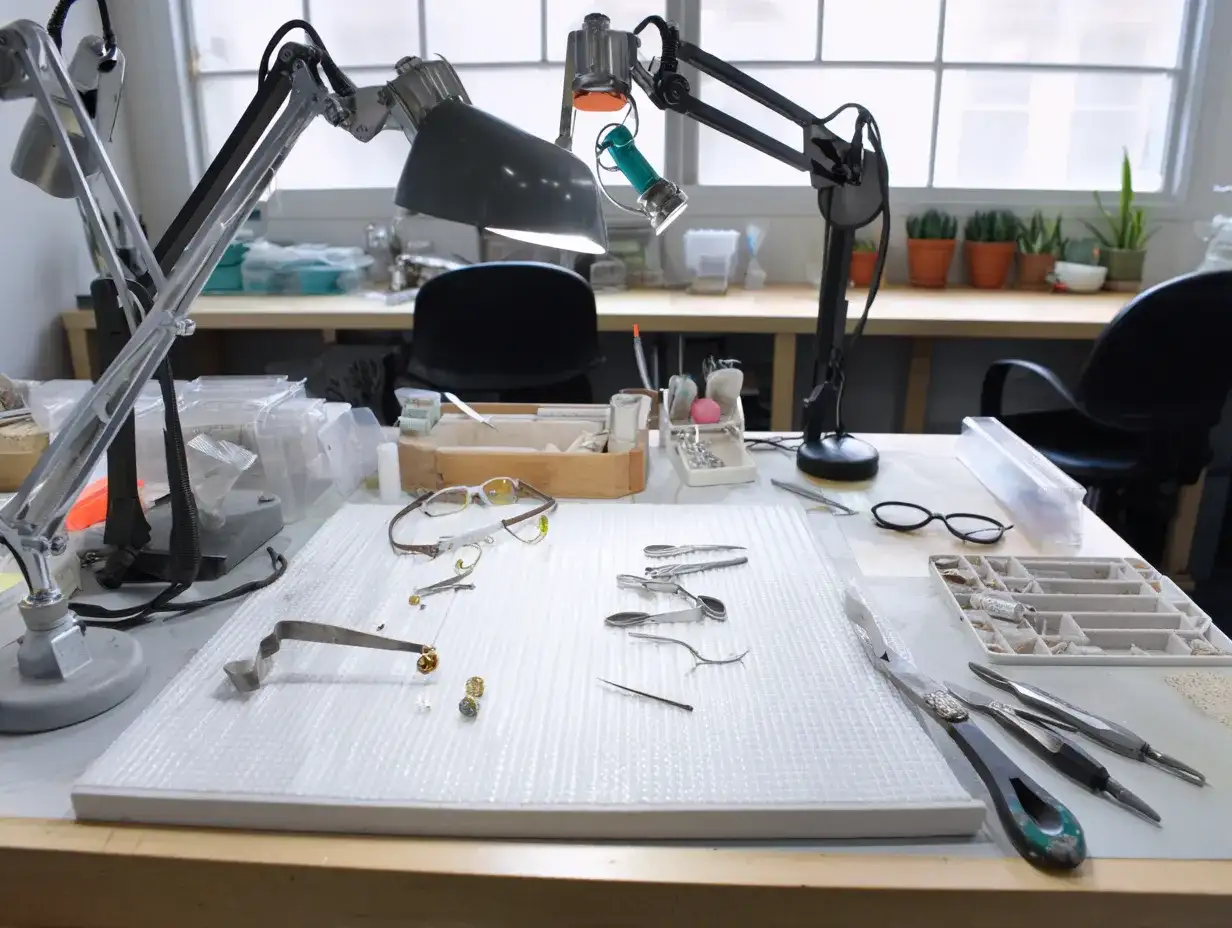 Well lit jewelry workspace with safety glasses task lighting padded work mat and gemstone removal tools properly arranged risultato