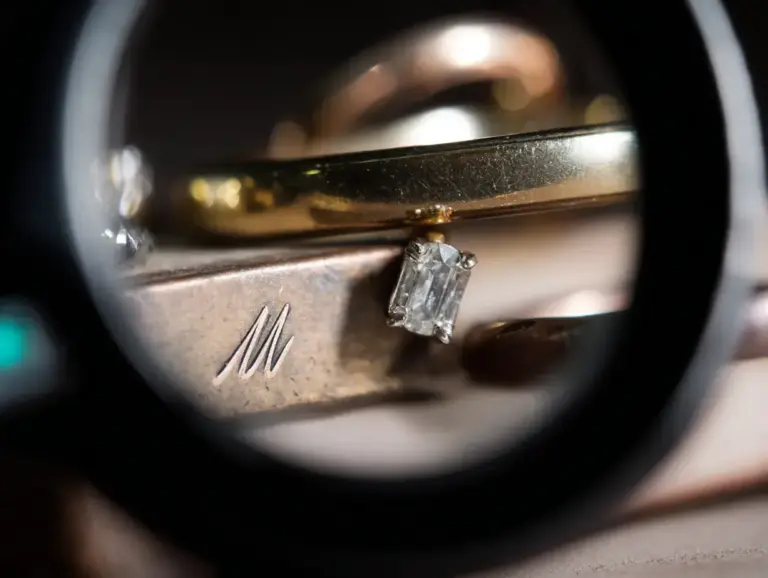 Jeweler using loupe to examine maker's mark inside ring band - jewelry makers marks database guide