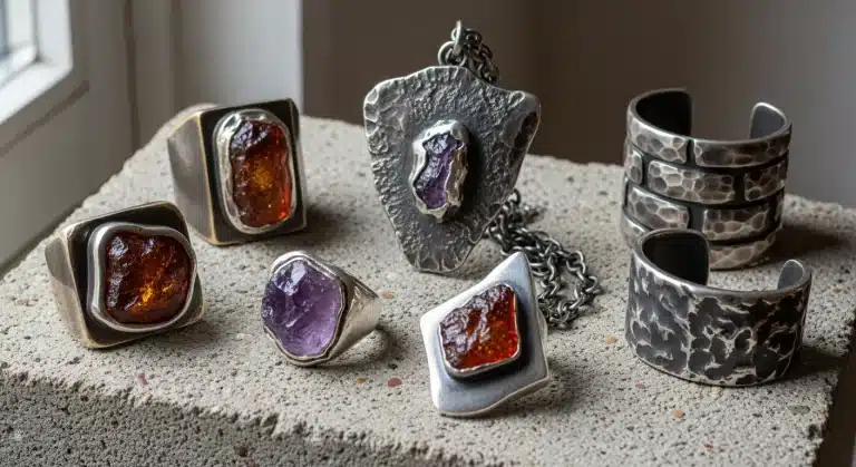 Collection of vintage brutalist jewelry pieces from 1960s-1970s showing characteristic bold geometric forms and raw textures_risultato