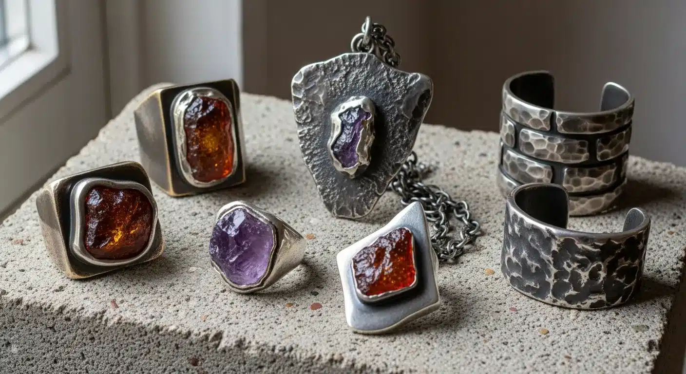 Collection of vintage brutalist jewelry pieces from 1960s-1970s showing characteristic bold geometric forms and raw textures_risultato
