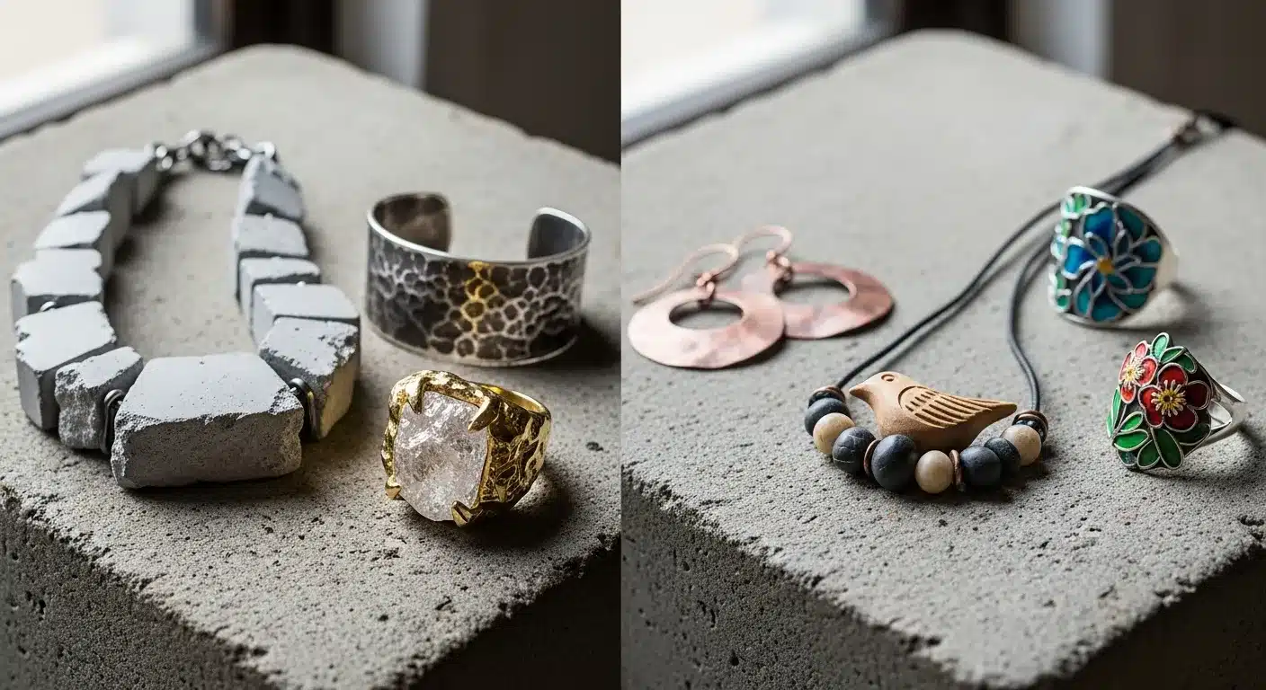 Comparison between luxury house brutalist jewelry and independent studio artist creations_risultato