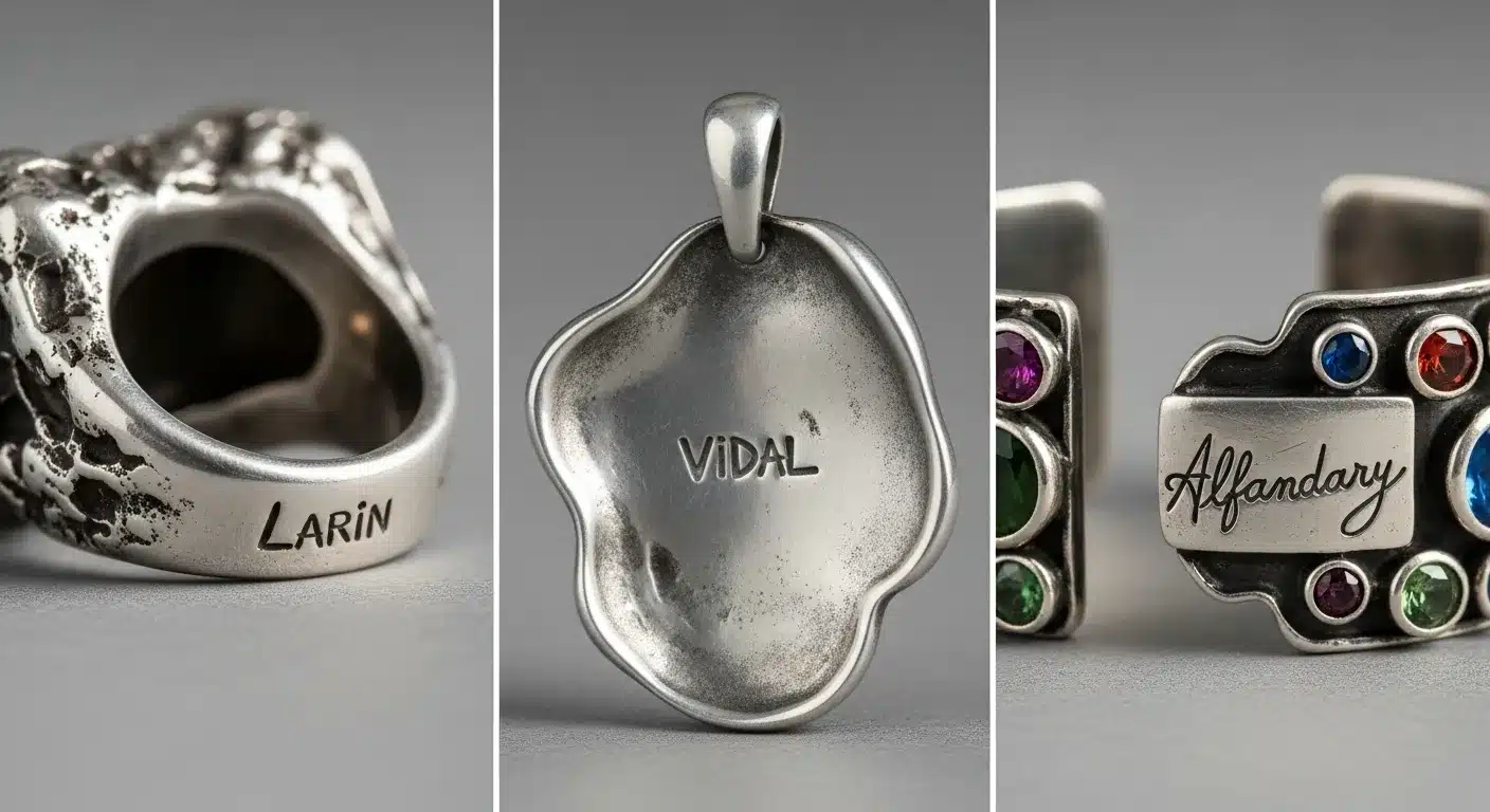 Comparison of signature styles from Canadian brutalist jewelry designers Robert Larin, Guy Vidal, and Rafael Alfandary_risultato
