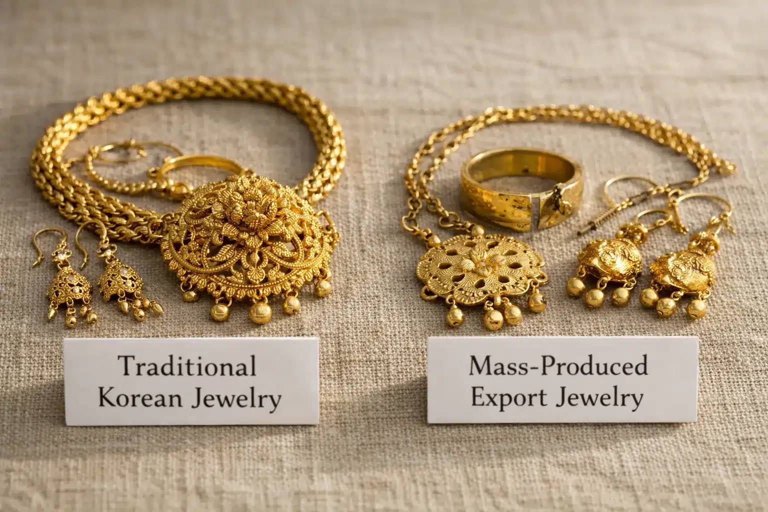What Does Jewelry Marked Korea Mean? ID & Value Guide Construction quality comparison between traditional Korean gold jewelry and mass produced export pieces showing craftsmanship differences risultato