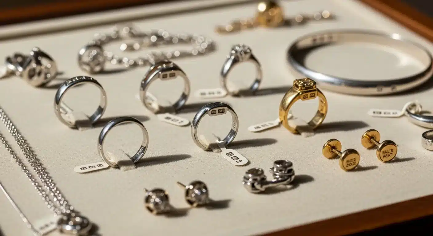 What Does Jewelry Marked Korea Mean? ID & Value Guide Diagram showing common locations for Korea maker marks on rings bracelets necklaces and earrings risultato