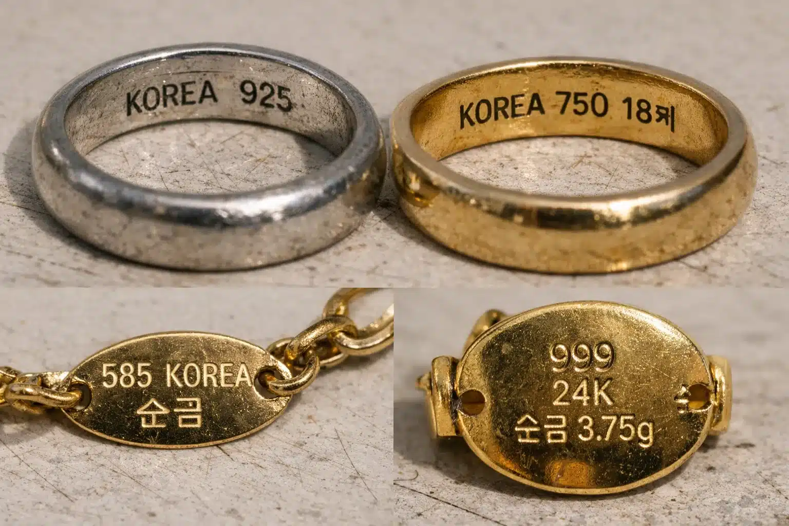 What Does Jewelry Marked Korea Mean? ID & Value Guide Examples of authentic Korean jewelry marks including Korea stamps karat markings and Korean script don measurements risultato
