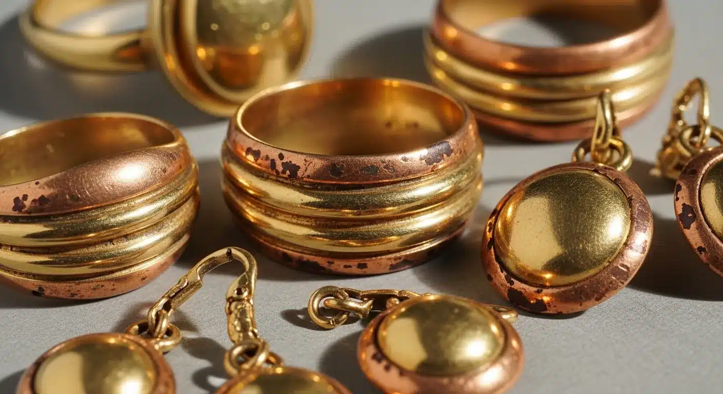What Does Jewelry Marked Korea Mean? ID & Value Guide Gold plating wear on Korean export jewelry showing copper base metal visible at edges and high friction areas risultato