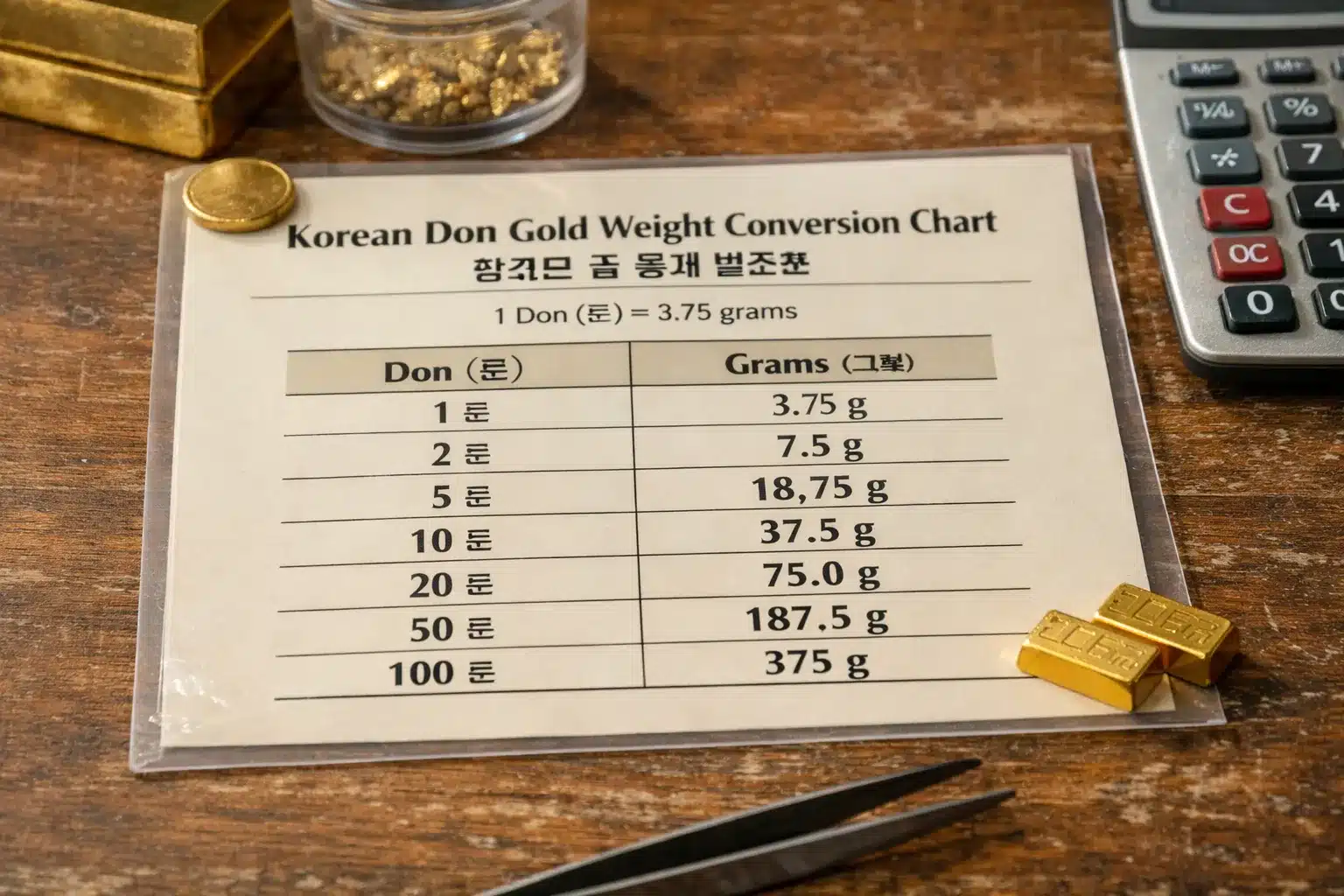 What Does Jewelry Marked Korea Mean? ID & Value Guide Korean don gold weight measurement conversion chart showing gram equivalents for common don values risultato