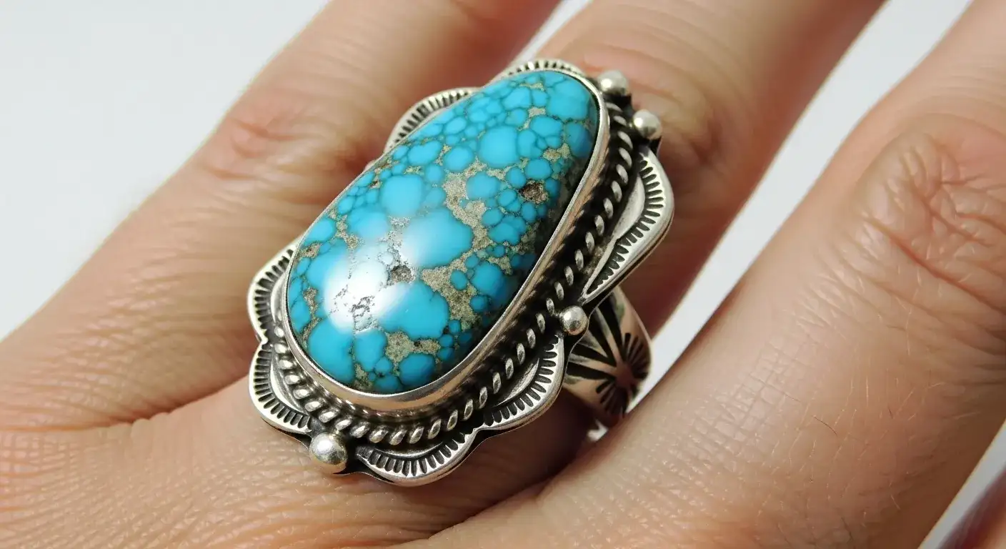 Natural turquoise stone in Native American silver ring showing distinctive matrix patterns and blue-green coloration_risultato