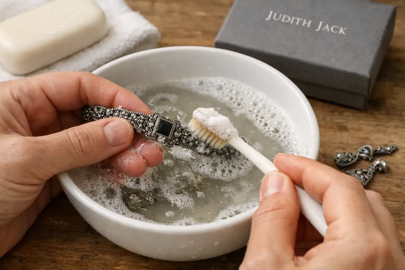 What Happened To Judith Jack Jewelry Proper method for cleaning vintage Judith Jack marcasite jewelry with soft brush and mild soap_risultato