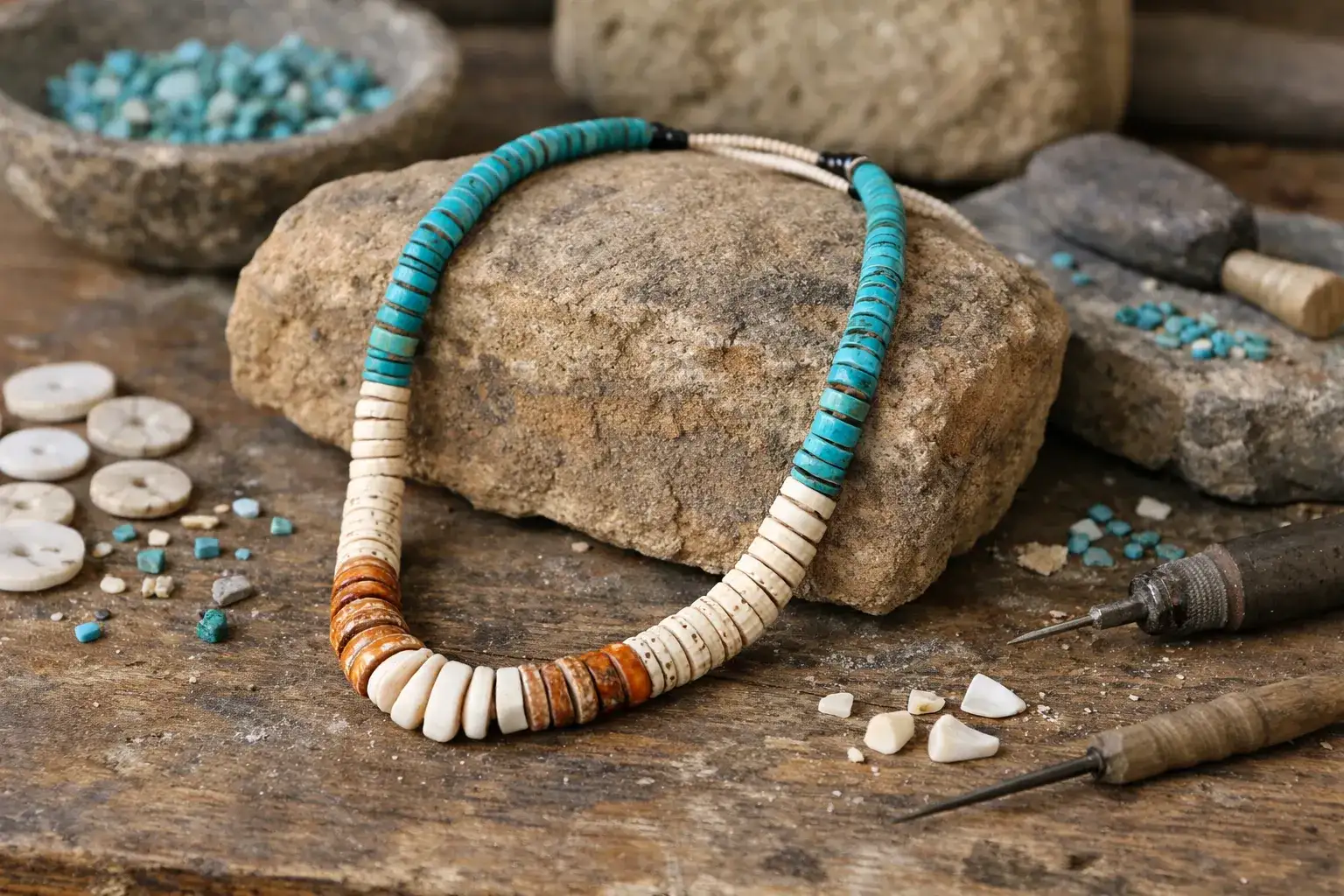 Santo Domingo Pueblo handmade heishi necklace with turquoise and shell beads demonstrating traditional bead-making techniques_risultato