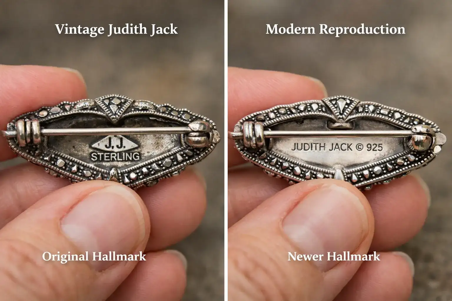 What Happened To Judith Jack Jewelry Side by side comparison showing authentic vintage Judith Jack jewelry versus modern reproduction highlighting hallmark differences_risultato