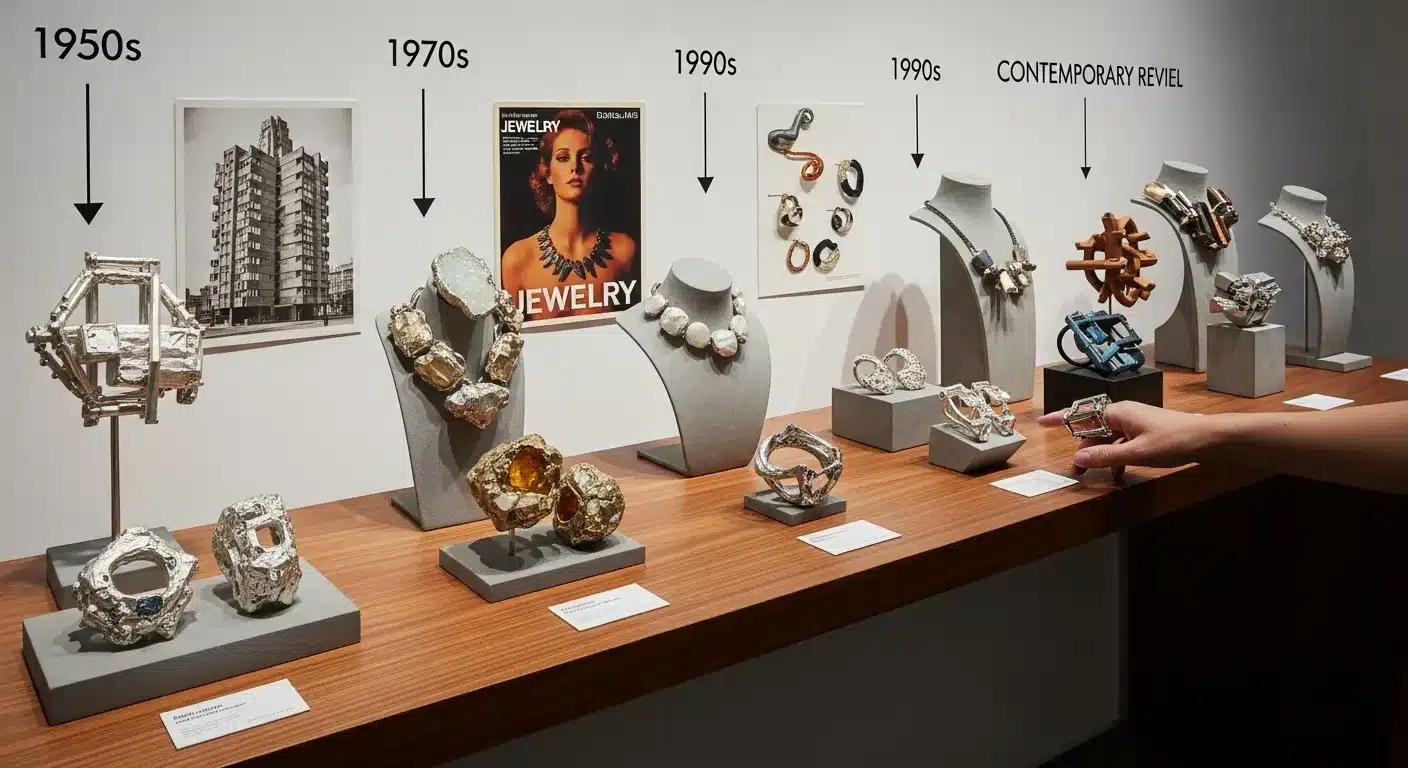 Timeline of brutalist jewelry history from architectural origins in 1950s to contemporary revival_risultato