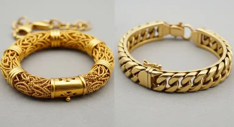 Traditional Korean 24 karat gold chain next to mass produced 10 karat export bracelet showing purity and quality differences risultato
