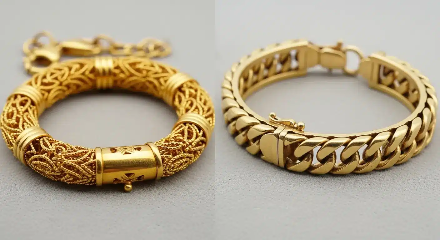 What Does Jewelry Marked Korea Mean? ID & Value Guide Traditional Korean 24 karat gold chain next to mass produced 10 karat export bracelet showing purity and quality differences risultato