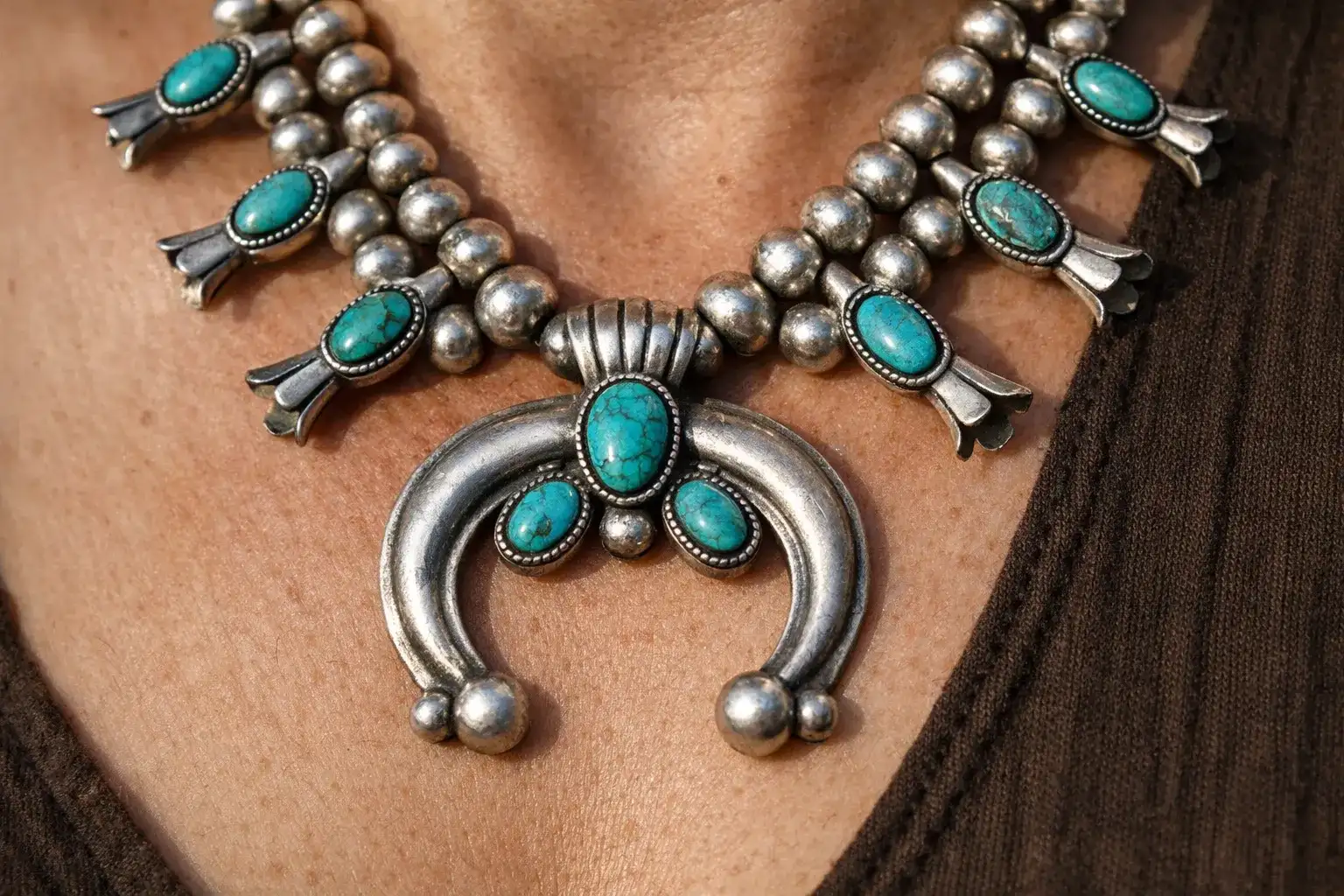Traditional Navajo squash blossom necklace with silver naja pendant and turquoise stones demonstrating classic Southwestern jewelry style_risultato